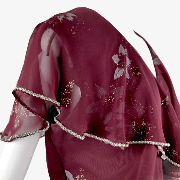 Vintage 1970s Romantic Sheer Ruffle Dress Burgundy Floral Rhinestone Trim Disco - Picture 6 of 12